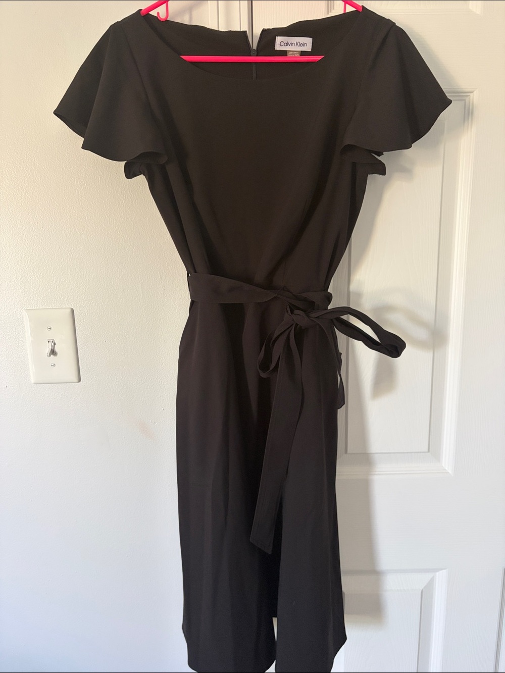 Calvin Klein Black Midi Dress with Flutter Sleeves and Tie Waist